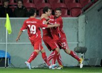 Fussball U21-EURO 2011 Halbfinale:  JUBEL nach dem TOR zum 1:0 mit Mario Gavranovic , Admir Mehmedi , Gaetano Berardi (v. li., Schweiz)