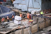 Einschieben Bahnbruecke Baustelle in Ergenzingen auf der Gaeubahn Strecke