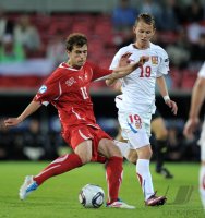 Fussball U21-EURO 2011 Halbfinale:  TOR von Admir Mehmedi (li, Schweiz) gegen Jan Chramosta (re, Tschechische Republik)