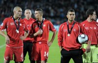 Fussball U21-EURO 2011 FINALE:  Pajtim Kasami , Granit Xhaka, Frank Feltscher (Schweiz)