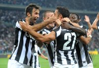 FUSSBALL SERIE A: Jubel mit Vucinic Mirko, Quagliarella Fabio und Asamoah Kwadwo  (v. li., Juventus Turin)