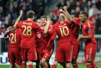 Fussball CHL  Saison 2011/2012:  JUBEL nach dem TOR, Philipp Lahm , Holger Badstuber, Thomas Mueller , Arjen Robben, Luiz Gustavo, Jerome Boateng (v.li., FC Bayern Muenchen)