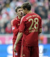 Fussball 1. Bundesliga, Saison 2011/2012:  Thomas Mueller , Holger Badstuber (v. li., FC Bayern Muenchen)