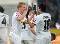 Fussball 1. Bundesliga, Saison 2011/2012:  Jubel Mike Hanke (li.)  mit Juan Arango (Borussia Moenchengladbach)