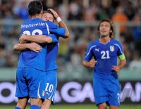 Fussball International EM 2012-Qualifikation: Fabio QUAGLIARELLA, Antonio CASSANO, Andrea PIRLO (v. li., Italien)