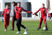 Fussball 1. Bundesliga: Ivica Olic (li,) Bastian Schweinsteiger (Mitte) mit Franck Ribery (FC Bayern Muenchen)