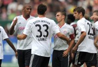 Fussball 1. Bundesliga, Saison 2011/2012:  JUBEL nach dem TOR , Jerome Boateng , Mario Gomez, Philipp Lahm, Thomas Mueller (v. li., FC Bayern Muenchen)