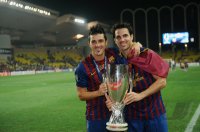 Fussball UEFA SUPER CUP 2011: JUBEL Cesc Fabregas (Barca) und David Villa (Barca) mit Pokal