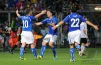Fussball International EM 2012-Qualifikation:   Antonio Cassano, Riccardo Montolivo, Giuseppe Rossi (v.li., Italien)