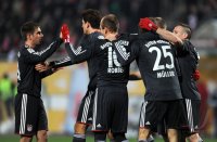1. Fussball Bundesliga: (v. li.) Bayern Jubel mit Philipp Lahm, Arjen Robben, Thomas Mueller, Franck Ribery
