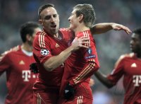 Fussball CHL  Saison 2011/2012:  Jubel nach dem Tor zum 1:0 Franck Ribery , Toni Kroos (v. li., FC Bayern Muenchen)