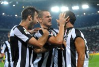 FUSSBALL SERIE A:  Jubel mit Vucinic Mirko, Leonardo Bonucci und Quagliarella Fabio (v. li., Juventus Turin)