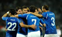 Fussball International EM 2012-Qualifikation:  Jubel Antonio Nocerino, Giampaolo Pazzini , Giorgio Chiellini (v. li., Italien)