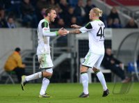 Fussball 1. Bundesliga  2012/2013:  Jubel Bas Dost und Simon Kjaer (v. li., VfL Wolfsburg)