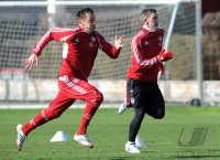 Fussball 1. Bundesliga: Ivica Olic (li,) mit Bastian Schweinsteiger (FC Bayern Muenchen)