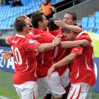 Fussball U21-Europameisterschaft 2011: JUBEL nach dem Tor zum 1:0, Xherdan Shaqiri , Mario Gavranovic, Innocent Emeghara , Fabian Frei , Philippe Koch (v.li., Schweiz)
