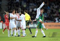 Fussball U21-EURO 2011 FINALE:  JUBEL nach dem SIEG mit Alvaro Dominguez , Jeffren , Thiago Alcantara , Torwart David de Gea (v. li., Spanien)