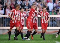 Fussball 1. Bundesliga : JUBEL nach dem TOR zum 1:0 mit  Andreas Ottl,  Danijel Pranjic, Bastian Schweinsteiger, Arjen Robben, Philipp Lahm (v. li., FC Bayern Muench