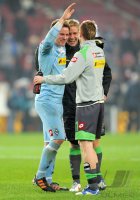 Fussball 1. Bundesliga  Saison 11/12:  Torwart Marc Andre ter Stegen, Mike Hanke, Marco Reus (v. li., Borussia Moenchengladbach)