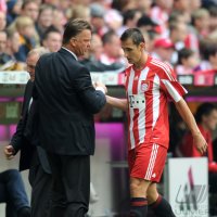 Fussball 1. Bundesliga : Trainer Louis van Gaal, Miroslav Klose (v. li., FC Bayern Muenchen)
