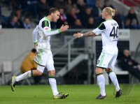 Fussball 1. Bundesliga  2012/2013:  Jubel Bas Dost und Simon Kjaer (v. li., VfL Wolfsburg)