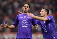 FUSSBALL SERIE A:  Jubel um Aquilani Alberto mit  Pasqual Manuel (v. li., Fiorentina)