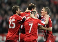Fussball CHL  Saison 2010/2011: JUBEL Thomas Mueller, Mario Gomez, Franck Ribery, Bastian Schweinsteiger (v.li., FC Bayern Muenchen)
