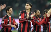 FUSSBALL SERIE A:  Pato, Zlatan Ibrahimovic, Robinho (v. li., AC Mailand)