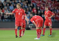 Fussball U21-EURO 2011 FINALE:  Enttaeuschung bei Fabian Lustenberger, Admir Mehmedi , Fabian Frei (v. li., Schweiz)