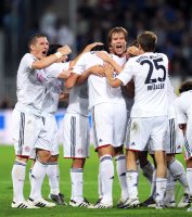 Fussball 1. Bundesliga :  Bastian Schweinsteiger, Daniel van Buyten, Holger Badstuber, Thomas Mueller (v.li., FC Bayern Muenchen)