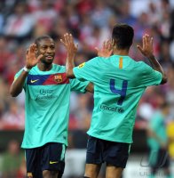 Fussball International Audi Cup 2011: Jubel Seydou Keita, Alcantara Thiago (v. li., Barca)