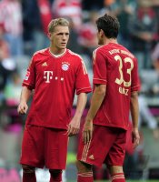 Fussball 1. Bundesliga, Saison 2011/2012:  Nils Petersen , Mario Gomez (v. li., FC Bayern Muenchen)