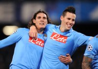 Fussball Champions League  Saison 2011/2012:  Jubel Edinson Cavani (li,)  mit Marek Hamsik (Neapel )