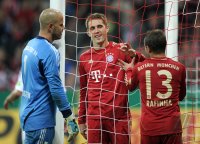 Fussball DFB Pokal 11/12 :  JUBEL nach dem Tor , Nils Petersen , Rafinha (v. li., FC Bayern Muenchen)