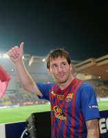Fussball UEFA SUPER CUP 2011: JUBEL Lionel Messi (Barca)