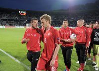 Fussball U21-EURO 2011 FINALE:  Xavier Hochstrasser , Fabian Lustenberger , Frank Feltscher , Fabio Daprela (Schweiz) FOTO: Pressefoto ULMER/Markus Ulmer