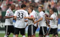 Fussball 1. Bundesliga, Saison 2011/2012:  JUBEL nach dem TOR , Jerome Boateng , Mario Gomez, Philipp Lahm, Bastian Schweinsteiger, Franck Ribery (v. li., FC Bayern Muenchen)