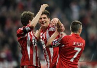 Fussball CHL  Saison 2010/2011: JUBEL Thomas Mueller, Mario Gomez, Franck Ribery (v.li., FC Bayern Muenchen)