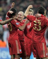 Fussball CHL  Saison 2011/2012: JUBEL nach dem Tor mit Luiz Gustavo, Arjen Robben, Holger Badstuber, Mario Gomez (v. li., FC Bayern Muenchen)