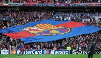 Fussball Champions League Finale 2011: Barca Fans mit einem Grossen Banner in der Fankurve mit LOGO