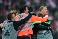 Fussball 1. Bundesliga, Saison 2012/2013:  Jubel mit Xherdan Shaqiri , Anatoliy Tymoshchuk , Anatoli Timoschtschuk, Mario Gomez  und Torwart Manuel Neuer (v. li., FC Bayern Muenchen)