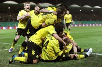 Fussball DFB Pokal, Saison 2011/2012, Halbfinale: Jubel nach dem Tor zum 0:1, Kevin Grosskreutz, Neven Subotic, Ivan Perisic , Ilkay Guendogan (v. li., Borussia Dortmund)