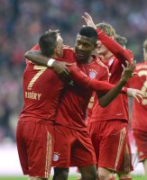 Fussball 1. Bundesliga, Saison 2012/2013:  JUBEL nach dem TOR zum 3:0 , Franck Ribery mit David Alaba  (v. li., FC Bayern Muenchen)
