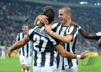 FUSSBALL SERIE A:  Jubel mit Quagliarella Fabio und Leonardo Bonucci (v. li., Juventus Turin)