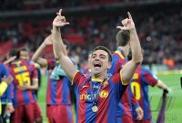 Fussball Champions League Finale 2011: Jubel Xavi Hernandez (Barca)
