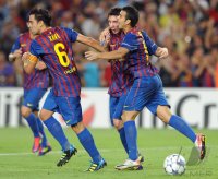 Fussball Champions League  Saison 2011/2012:  Xavi Hernandez, Lionel Messi, Pedro Rodriguez  (v. li., Barca)