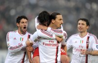 FUSSBALL SERIE A: JUBEL Pato, Alberto Aquilani , Zlatan Ibrahimovic , Mark Van Bommel (v. li., AC Mailand)