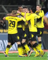 Fussball 1. Bundesliga, Saison 2011/2012: JUBEL mit Marcel Schmelzer, Felipe Santana , Robert Lewandowski, Lukasz Piszczek (v. li., Borussia Dortmund)