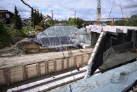 Einschieben Bahnbruecke Baustelle in Ergenzingen auf der Gaeubahn Strecke