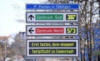 Corona Modelstadt Tuebingen: Hinweisschild Tuebinger Innenstadt